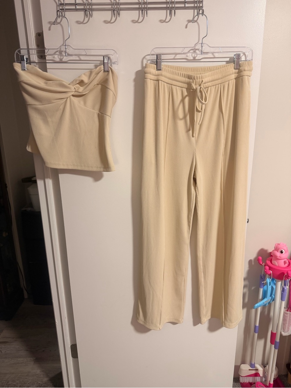 Cream Wide-Leg Drawstring Pants and Tube Top Set — Women